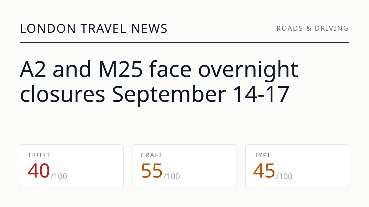 A2 and M25 face overnight closures September 14-17