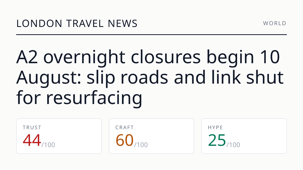A2 overnight closures begin 10 August: slip roads and link shut for resurfacing