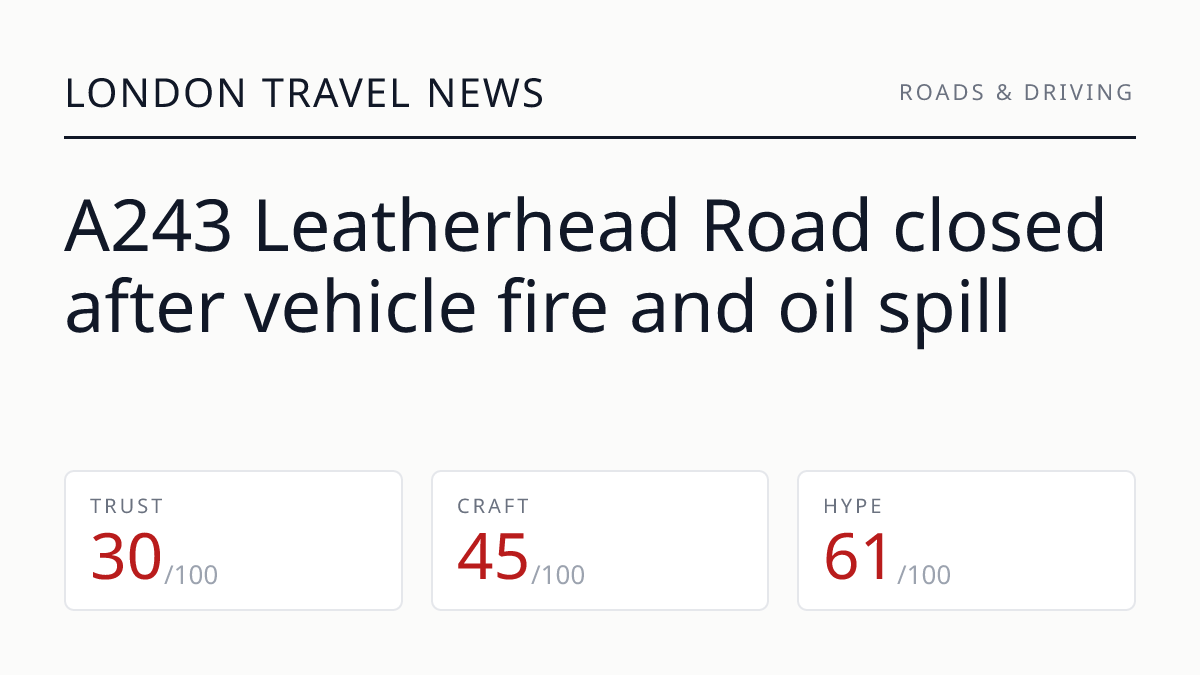 A243 Leatherhead Road closed after vehicle fire and oil spill