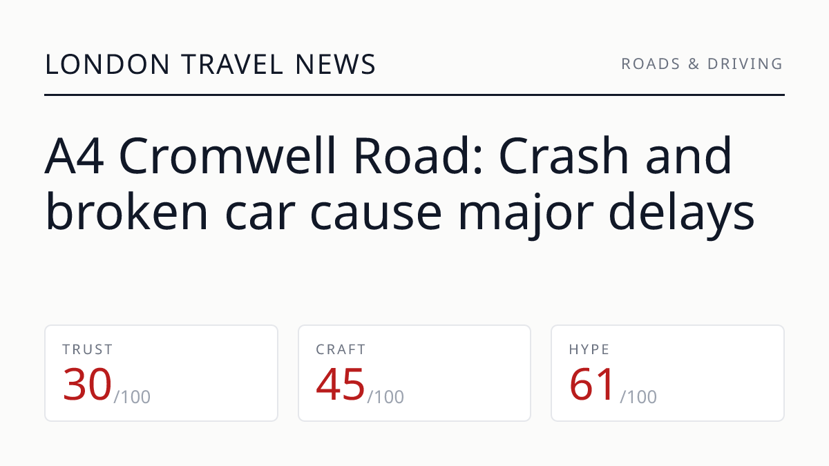 A4 Cromwell Road: Crash and broken car cause major delays