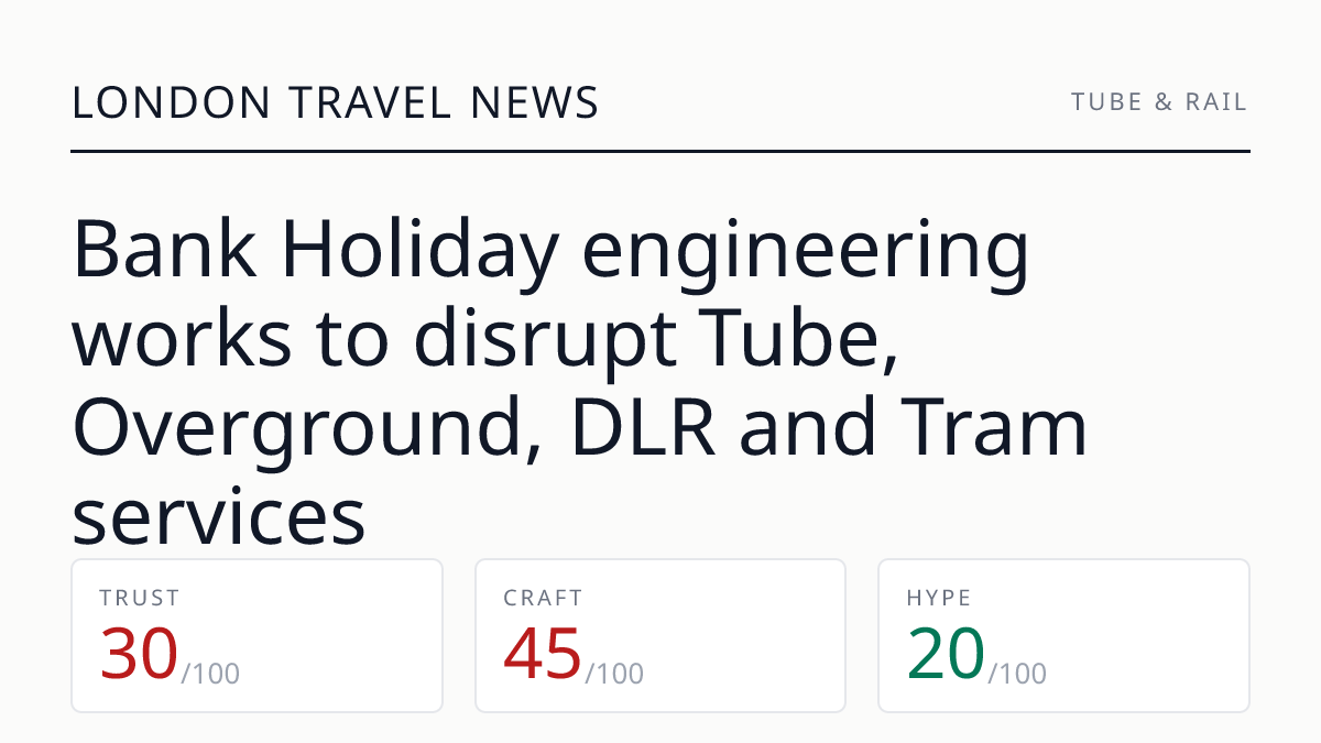 Bank Holiday engineering works to disrupt Tube, Overground, DLR and Tram services