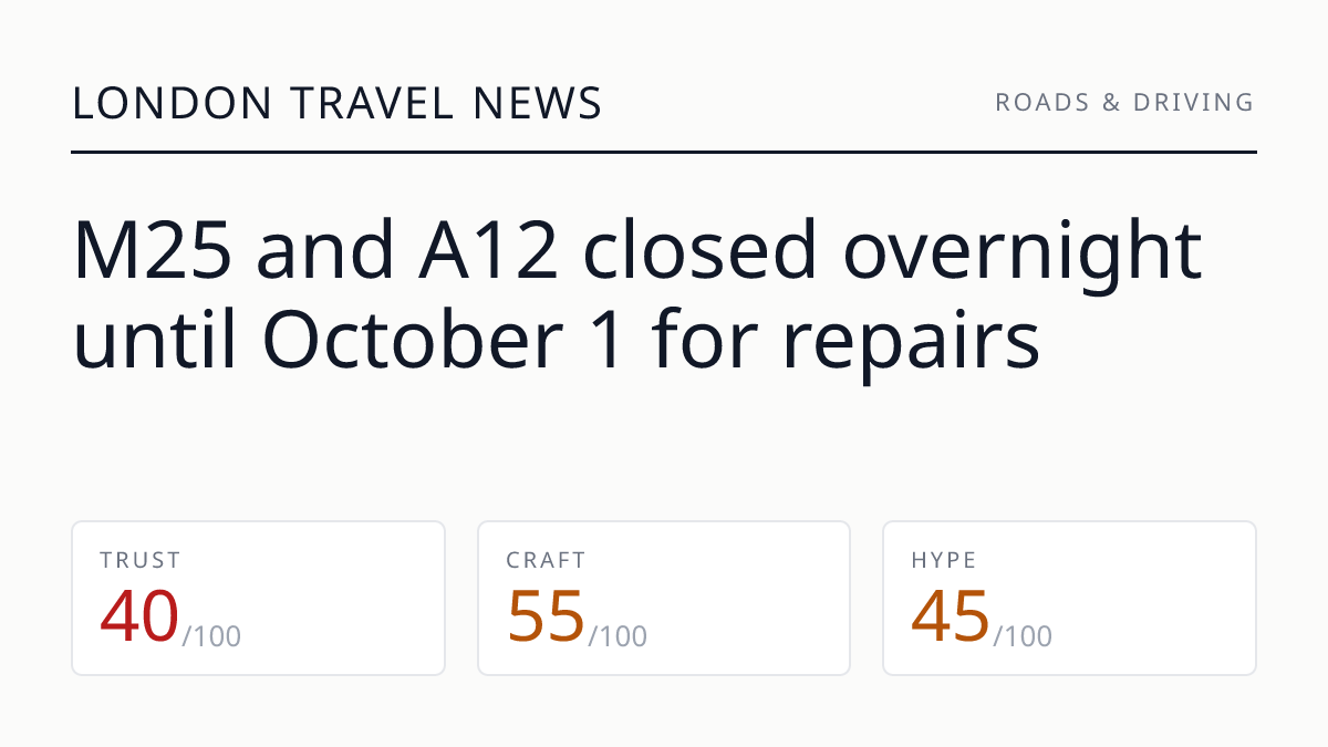 M25 and A12 closed overnight until October 1 for repairs