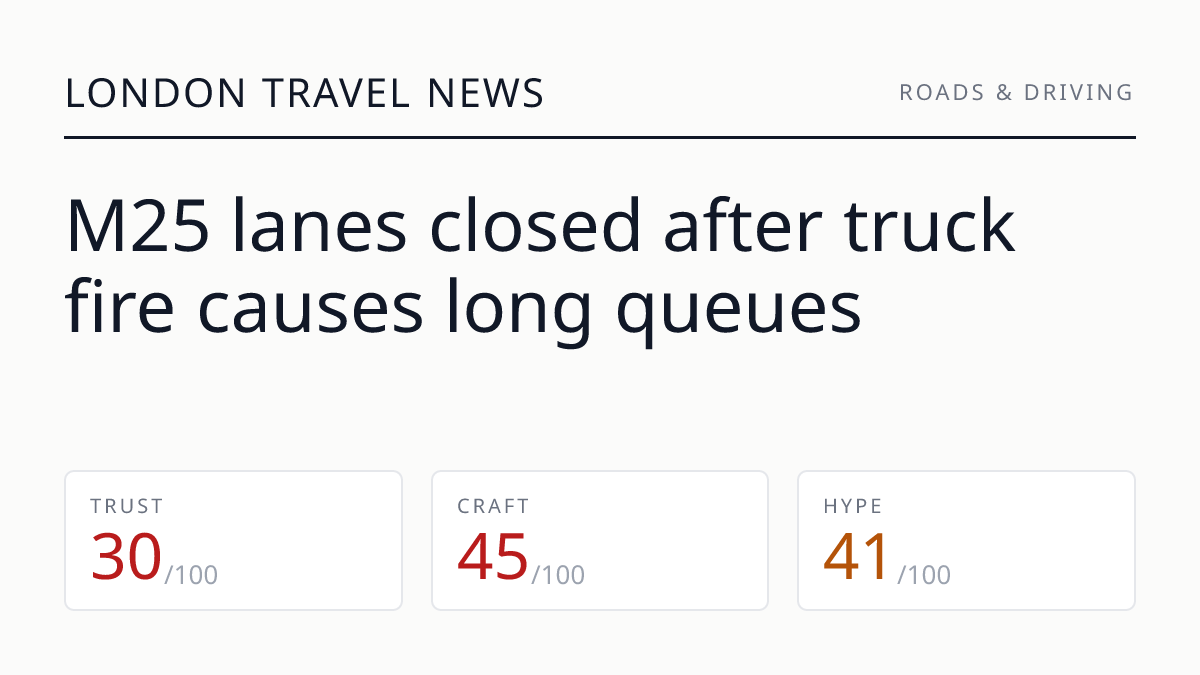 M25 lanes closed after truck fire causes long queues